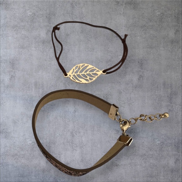 Set of 2 brown bracelets gold tone leaf - Picture 2 of 5
